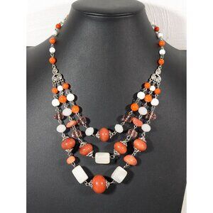 Boho Coastal Chic White Orange Brown Stone Layered Necklace 17"